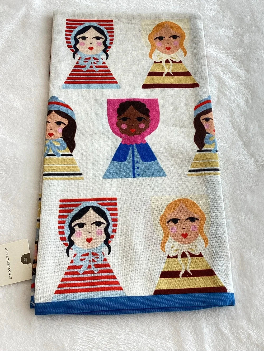 Anthropologie Damson Madder Dish Towel Cotton New White Blue Dolls